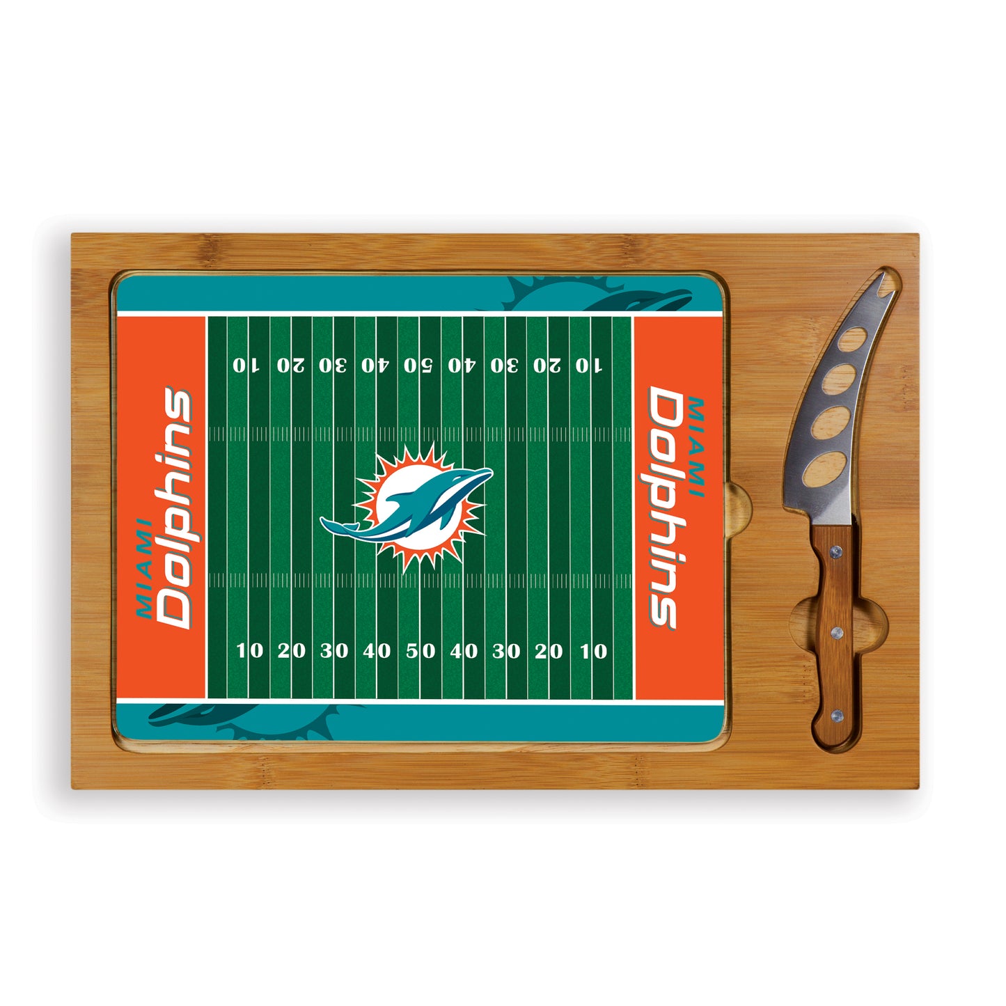 Miami Dolphins - Icon Glass Top Cutting Board & Knife Set - Football Field Style