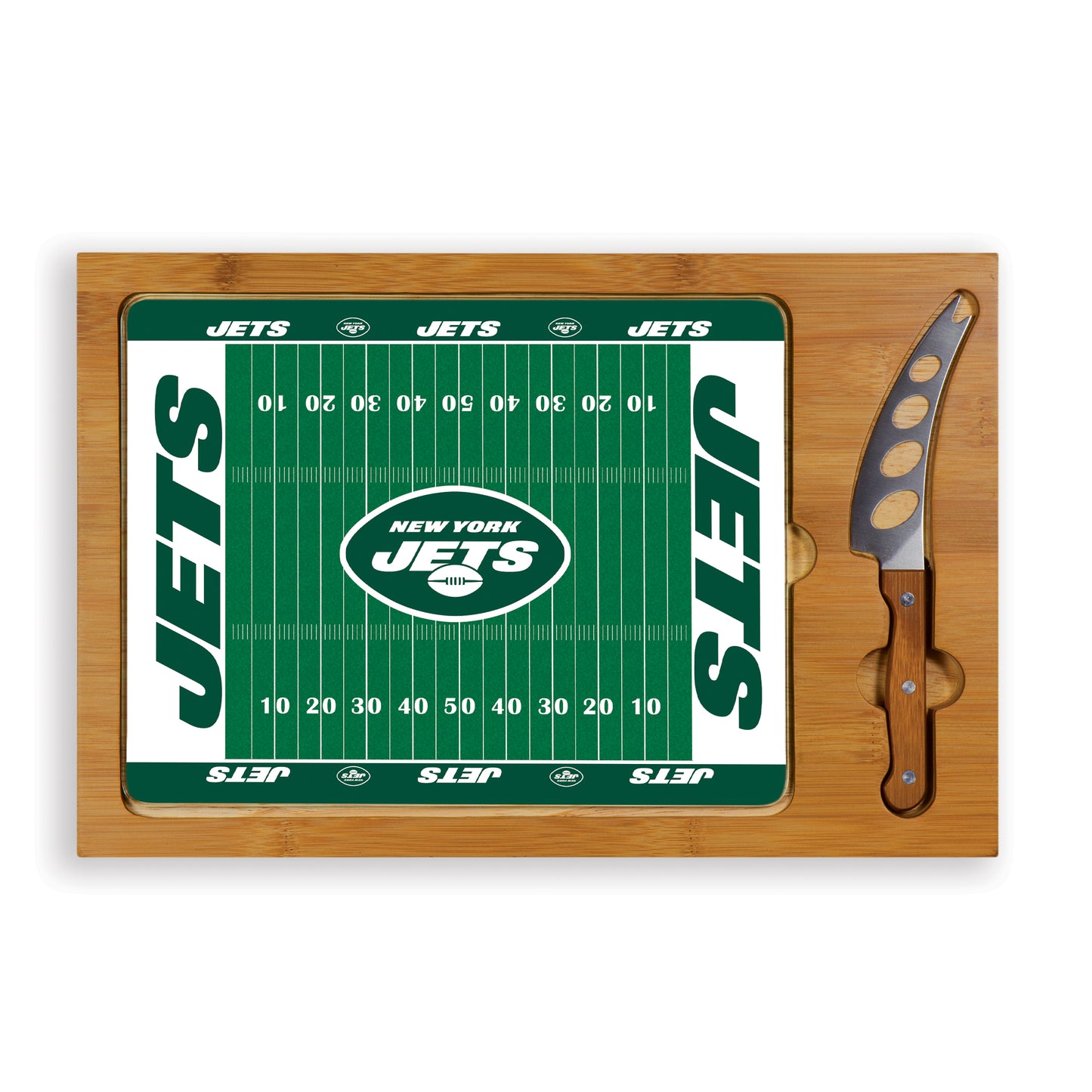 New York Jets - Icon Glass Top Cutting Board & Knife Set - Football Field Style