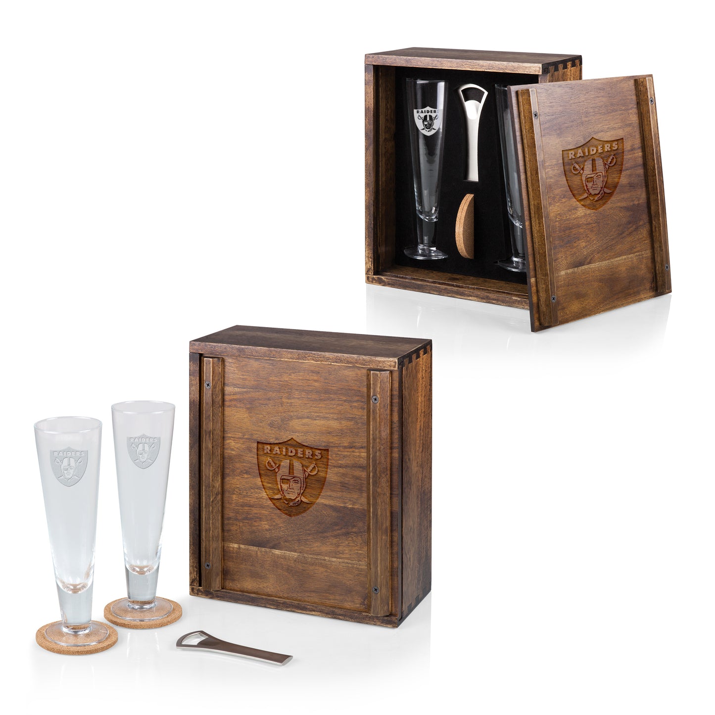 Las Vegas Raiders Pilsner Beer Glass Gift Set, (Acacia Wood)