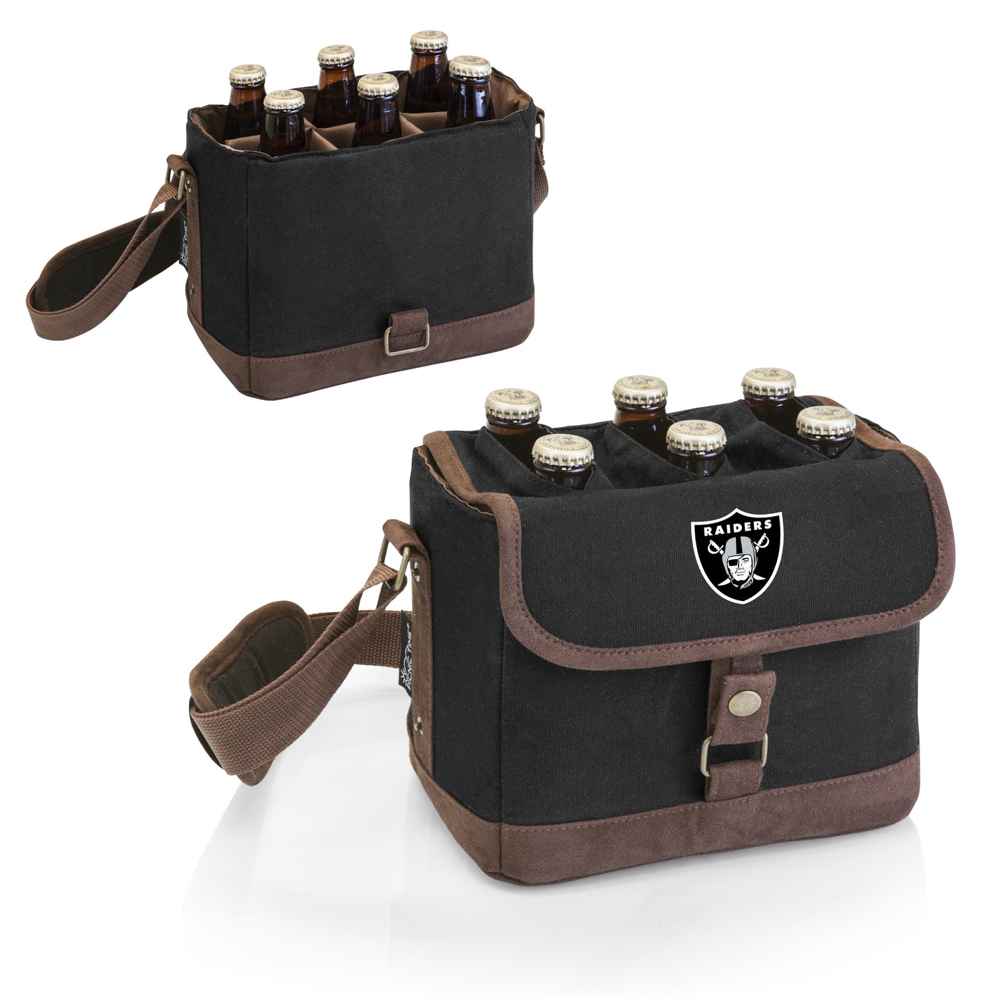 Las Vegas Raiders Beer Caddy Cooler Tote with Opener, (Black with Brown Accents)