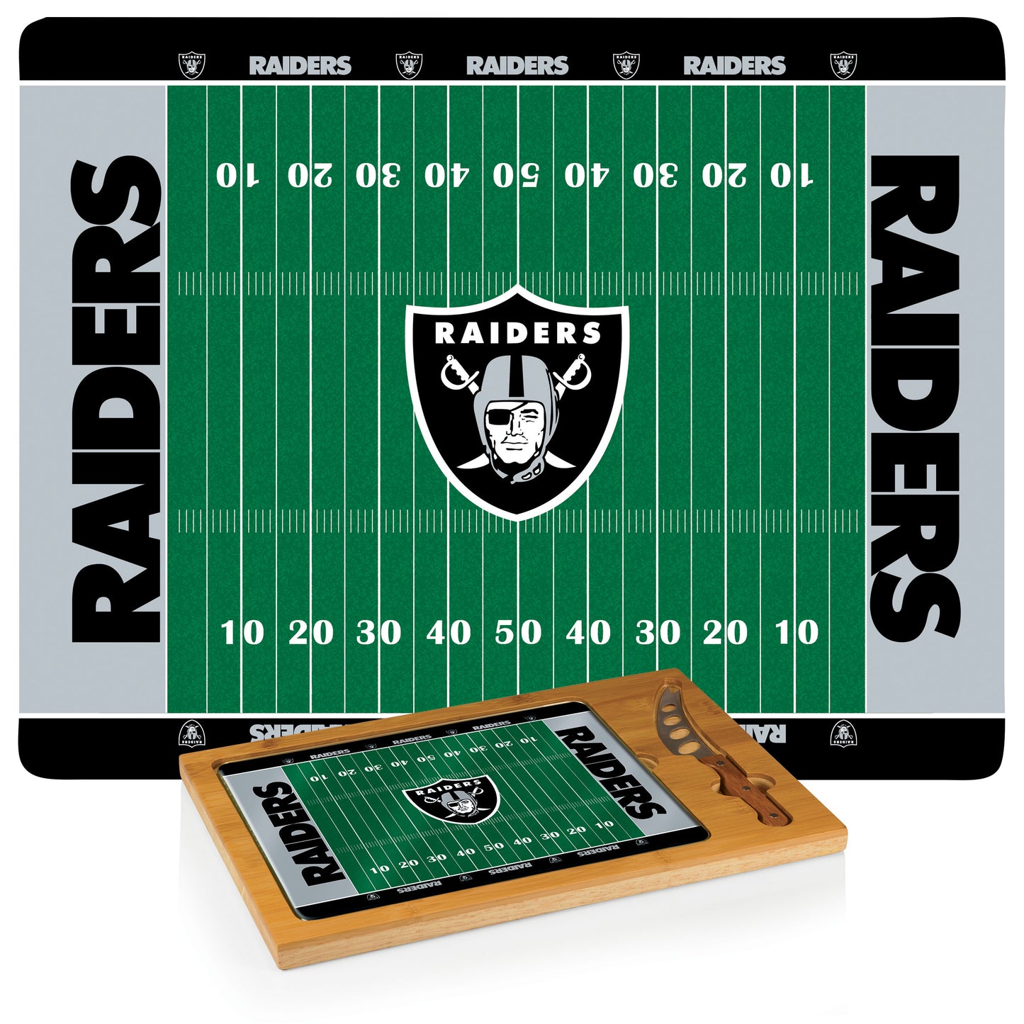 Las Vegas Raiders Icon Glass Top Cutting Board & Knife Set, (Rubberwood & Bamboo)