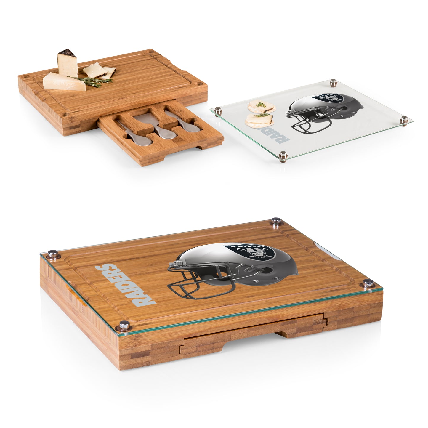Las Vegas Raiders Concerto Glass Top Cheese Cutting Board & Tools Set, (Bamboo)