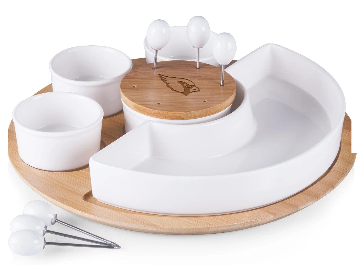 Arizona Cardinals - Symphony Appetizer Serving Tray Set, (Bamboo & White Ceramic)