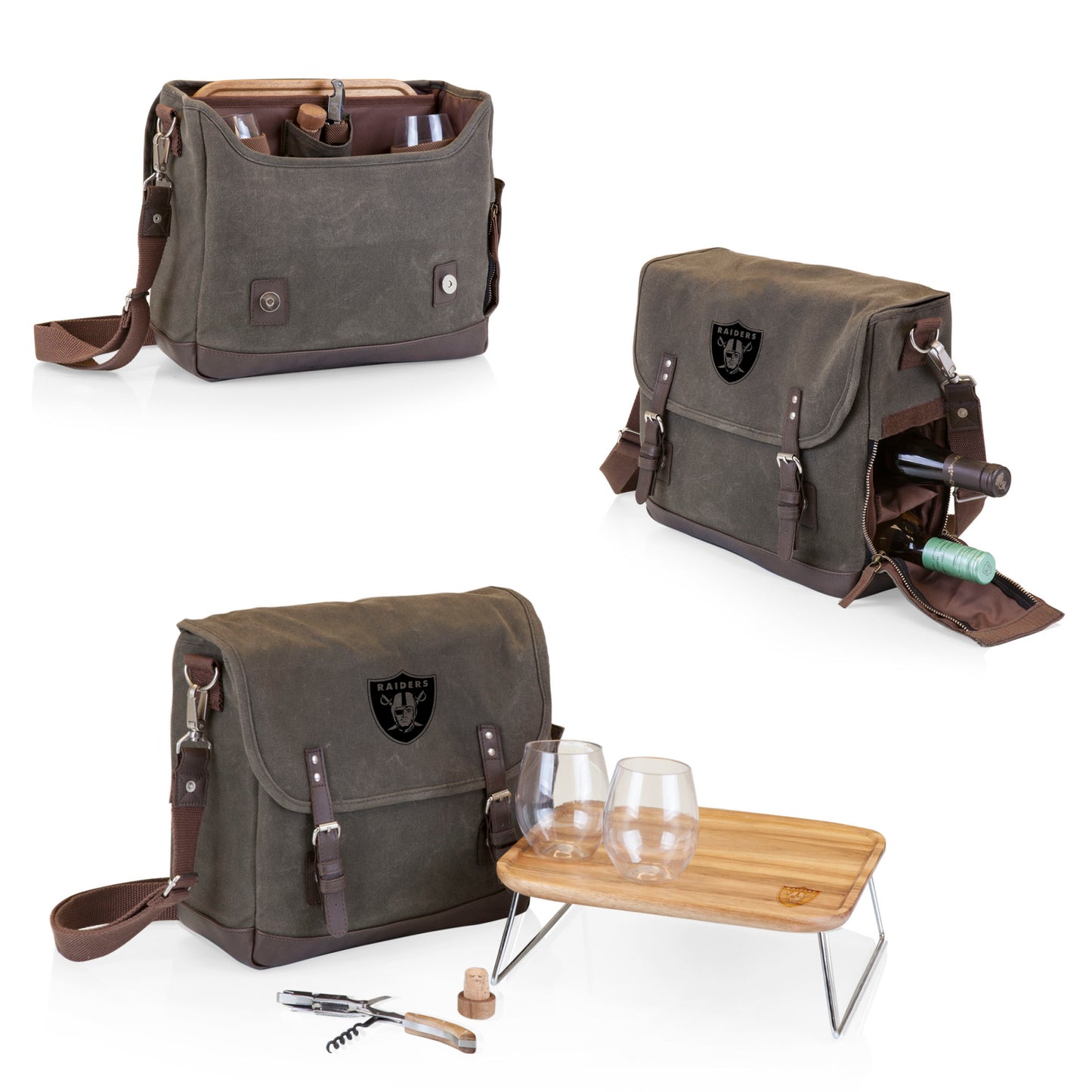 Las Vegas Raiders - Adventure Wine Tote, (Khaki Green with Brown Accents)