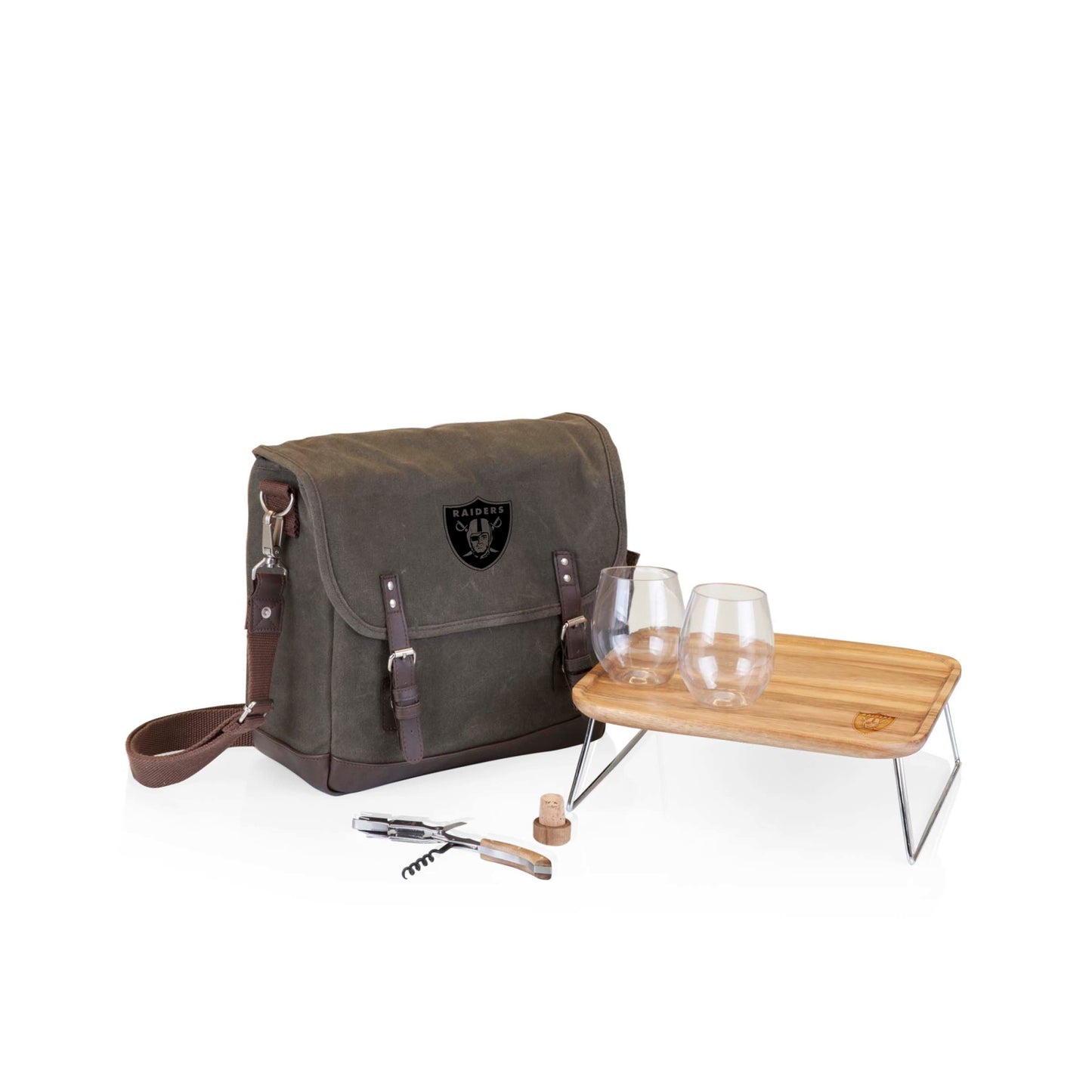 Las Vegas Raiders - Adventure Wine Tote, (Khaki Green with Brown Accents)