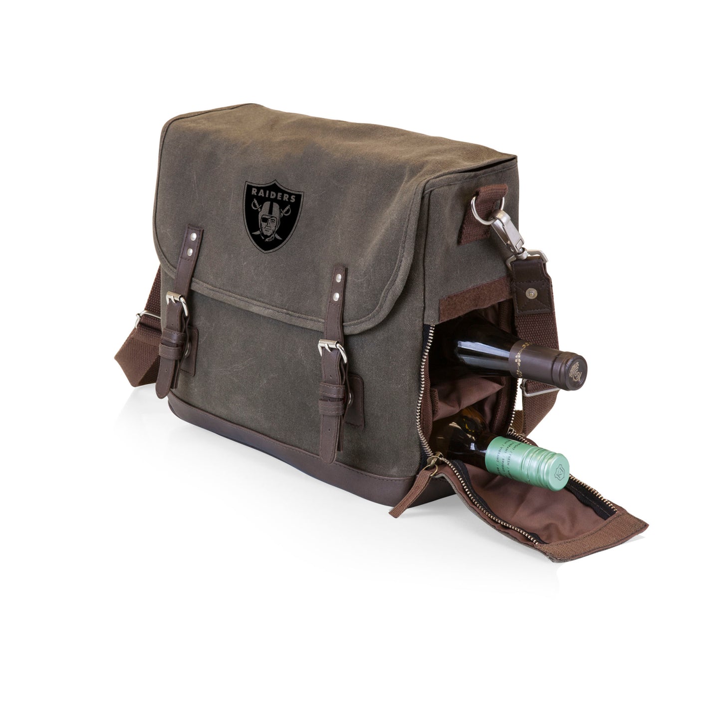 Las Vegas Raiders - Adventure Wine Tote, (Khaki Green with Brown Accents)