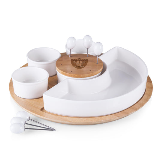 Las Vegas Raiders Symphony Appetizer Serving Tray Set, (Bamboo & White Ceramic)